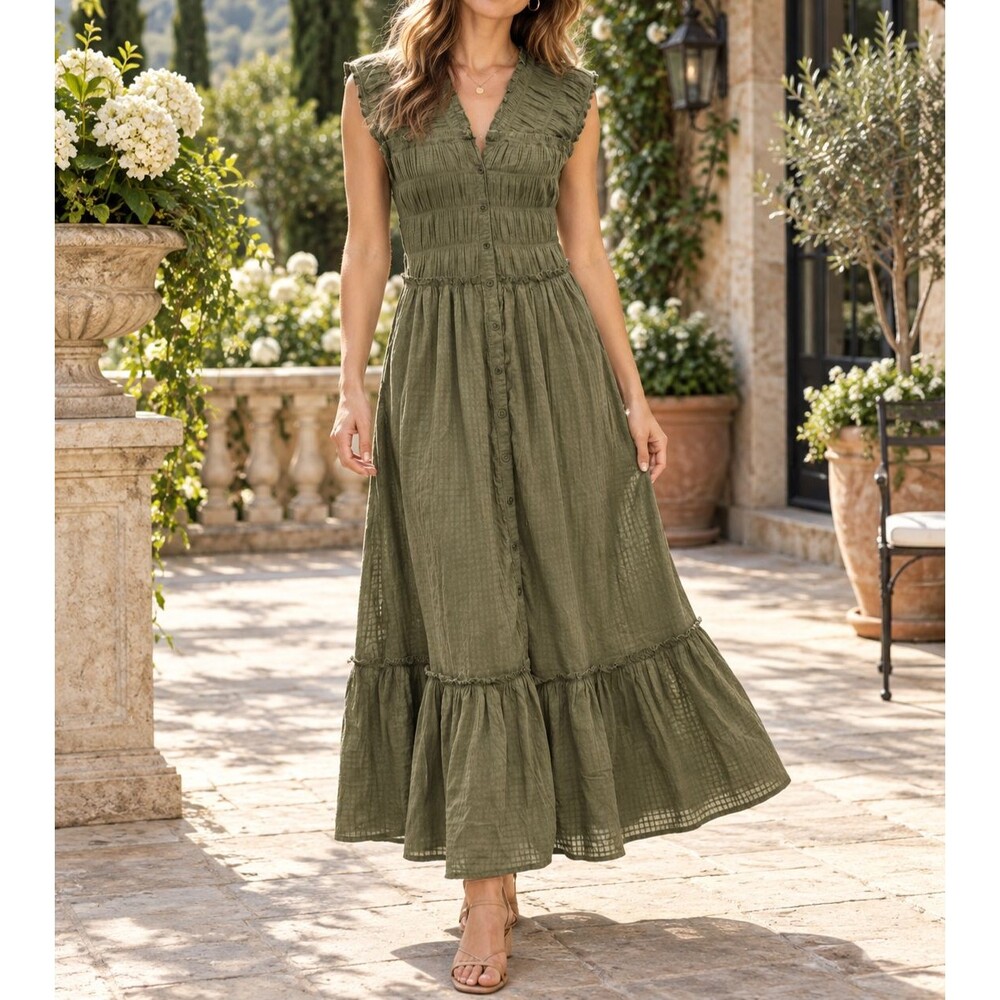 Free People Desert Dazed Midi Dress Buttondown Ruffle Smocked Gauzy S 285226